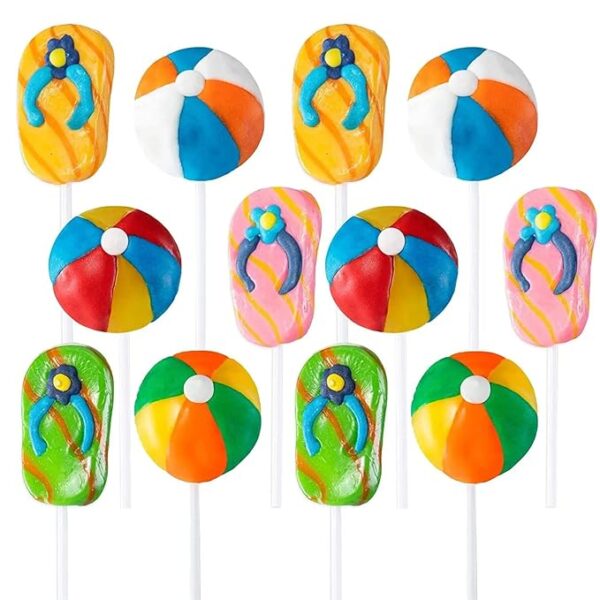 Beach Candy Lollipops - 12 Individually Wrapped Summer Themed Suckers - Summer Party Favors - Pool Party Treats - Goodie Bags for Kids Birthday Party - Beach Wedding Party Candy Buffet - Hand Decorated Pops (BEACH BALL, FLIP FLOPS)