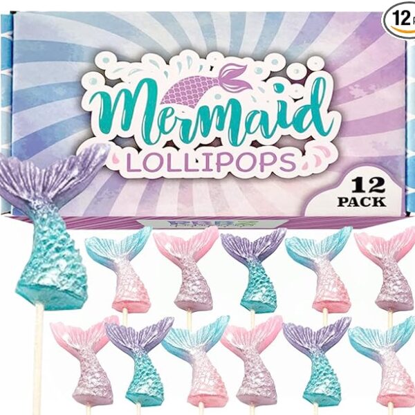 Mermaid Candy Lollipops - 12 Suckers Individually Wrapped - Great for Mermaid Party Favors - Goodie Bags for Kids Birthday - Candy Bar - Pretty Mermaid Tails Cupcake Toppers