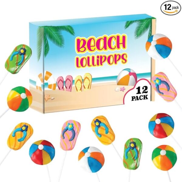Beach Candy Lollipops - 12 Individually Wrapped Summer Themed Suckers - Summer Party Favors - Pool Party Treats - Goodie Bags for Kids Birthday Party - Beach Wedding Party Candy Buffet - Hand Decorated Pops (BEACH BALL, FLIP FLOPS)
