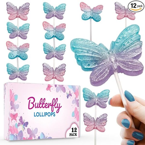 Butterfly Candy Lollipops - 12 Beautiful Ombre Suckers Individually Wrapped - Great for Butterfly Party Favors - Goodie Bags for Kids Birthday - Candy Bar