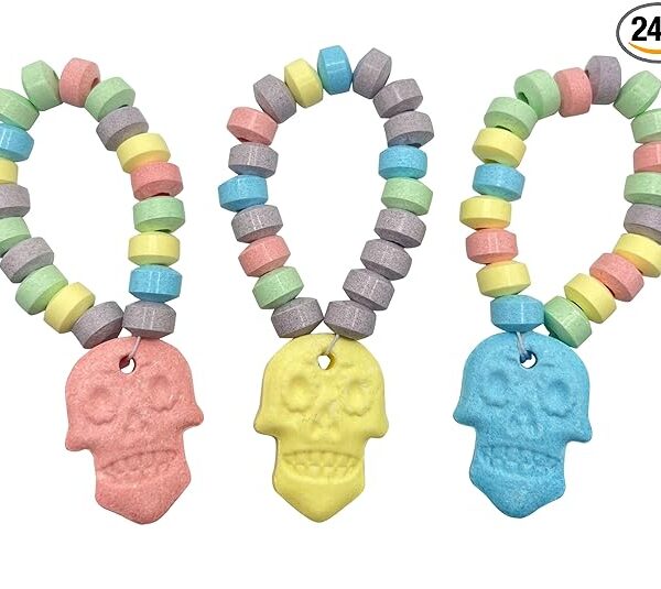 Day of the Dead Candy - 24 Sugar Skull Shaped Candy Bracelets Individually Wrapped Bulk - Great for Cinco De Mayo Party Favors