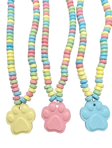 Paw Candy - 12 Paw Shaped Candy Necklace Individually Wrapped Bulk - Great for Dog Patrol Goodie Bags, Kids Birthday Parties