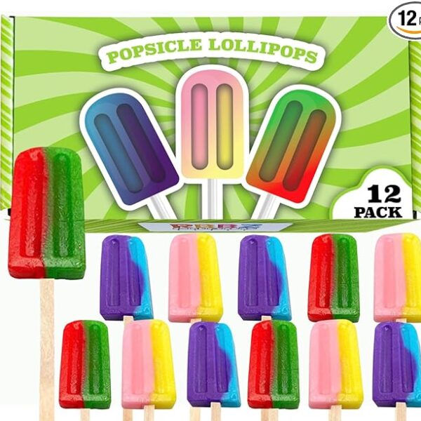 Popsicle Shaped Ice Cream Lollipops (12 pieces) Individualy Wrapped Ices Suckers, Great for Summer, Birthday Party, Goodie Bags, Party Favors, Candy Buffet