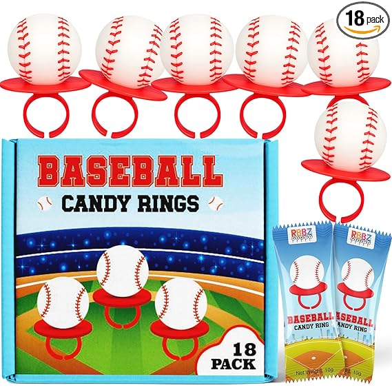 Baseball Candy Rings – Individually Wrapped Baseball Candy Rings – Individually Wrapped Suckers 18 Count – Baseball Party Favors for Kids – Sports Goodie Bag Candy – Team Treats for Baseball & Softball – Game Day Snacks - Image 1